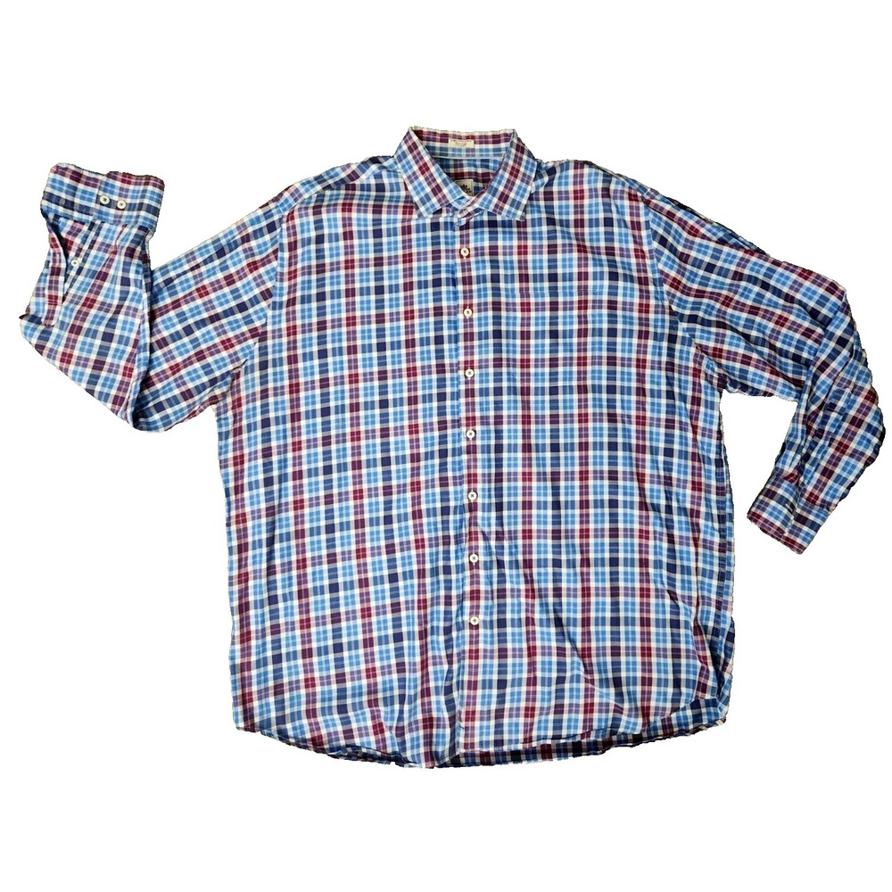 Peter Millar Button Up Shirt Men's 2XL Blue Red Plaid Long Sleeve Cotton